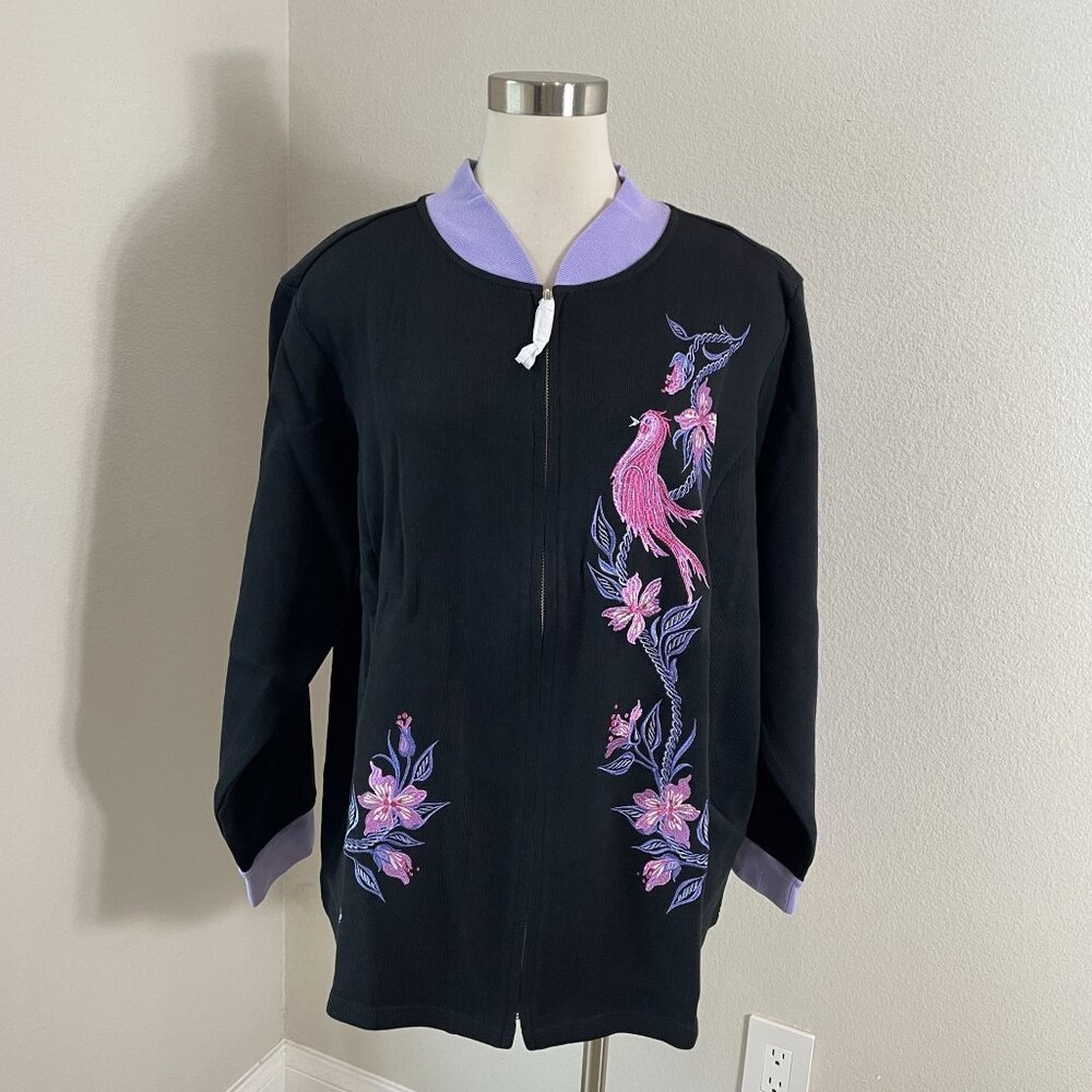 NEW‎ Bob Mackie Womens Plus 3X Wearable Art Embroidered Bird Zip Up Jacket